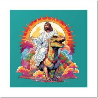 Jesus on a Dinosaur Colorful Retro Funny Rainbow Print Posters and Art